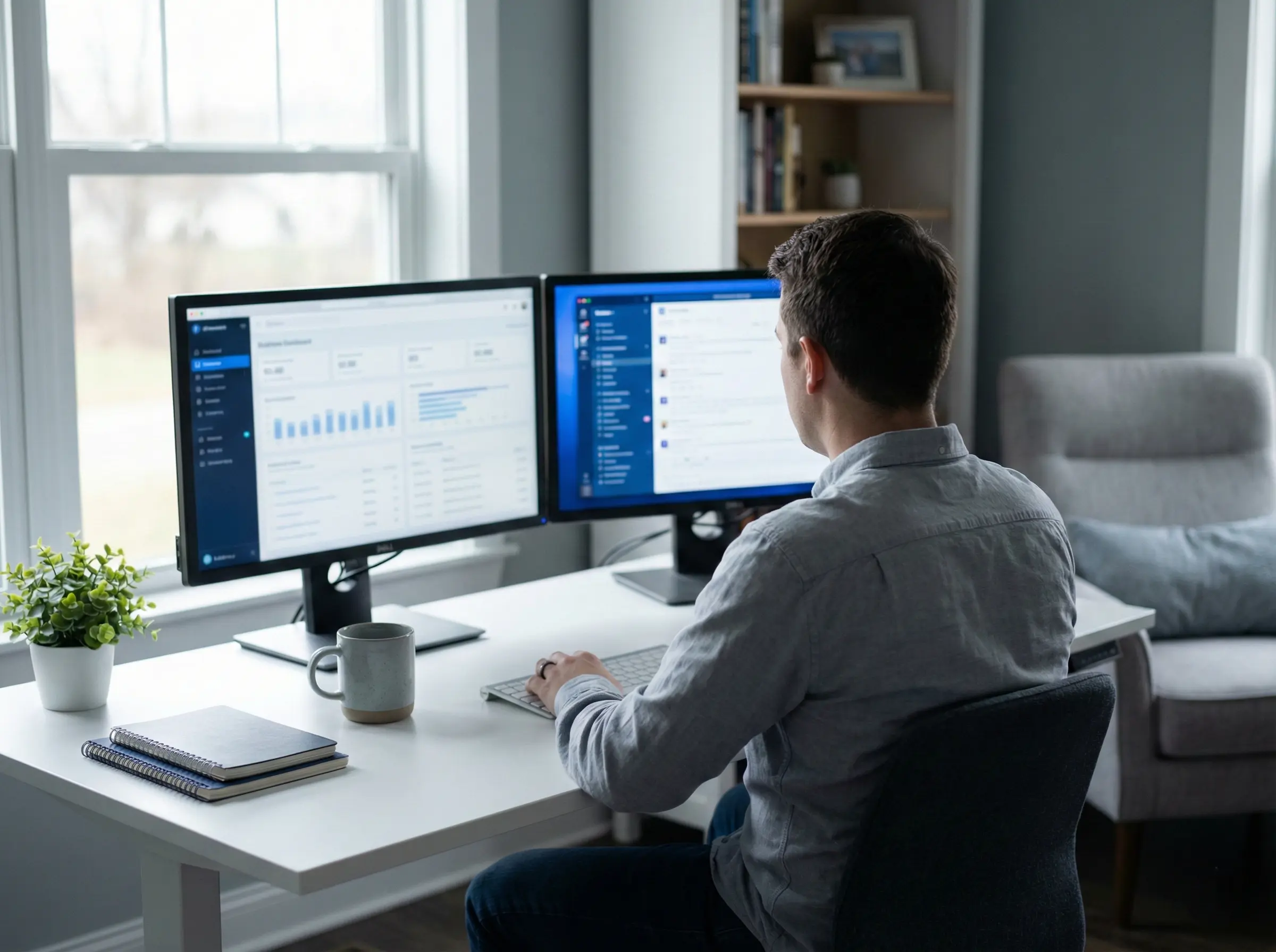 Remote team member working efficiently in professional home office environment
